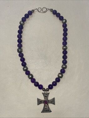 Amethyst Bead Necklace with Cross Pendant